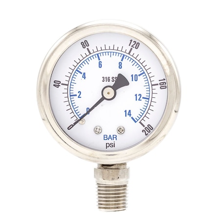 Pic Gauges 2 in Dial, 1/4 in NPT Male Lower Location, Stainless Steel Case Material PRO-301D-204G-01